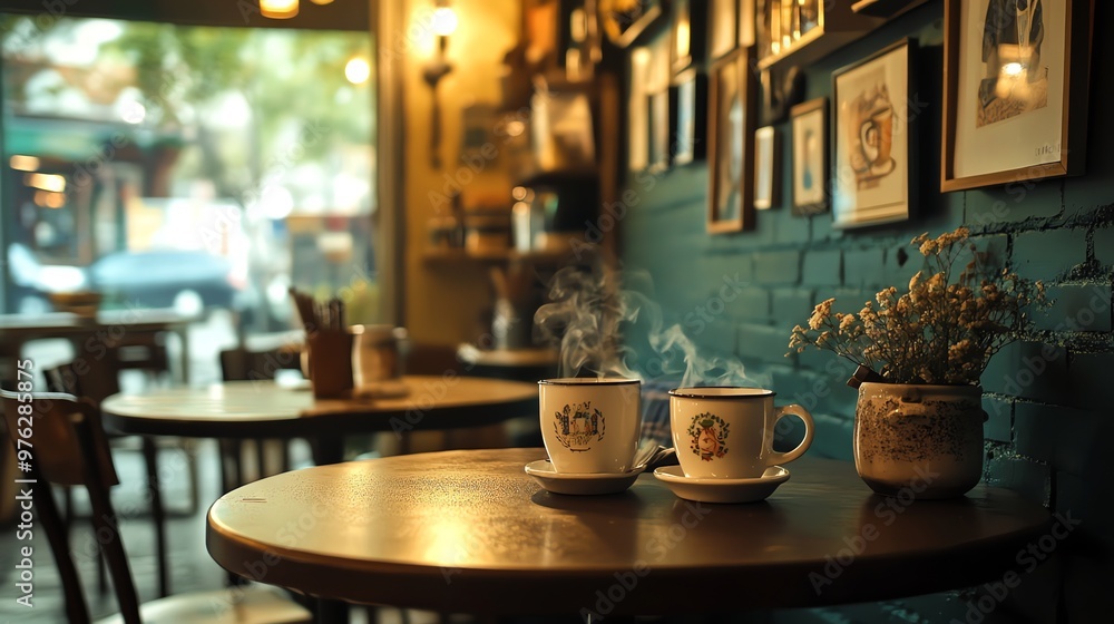 Two steaming mugs of coffee sit on a table in a cozy cafe. Two steaming mugs of coffee sit on a table in a cozy cafe.