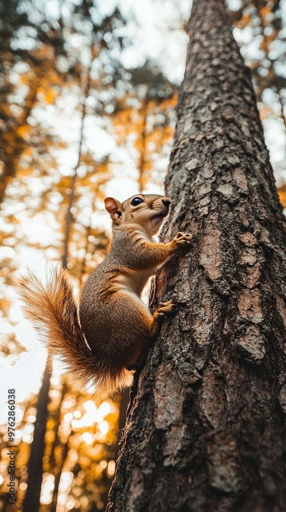Squirrel climbing tree with sunlit forest background Squirrel climbing tree with sunlit forest background