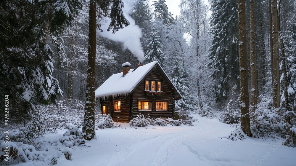 A cozy cabin with warm lights glows in the snow-covered woods. A cozy cabin with warm lights glows in the snow-covered woods.