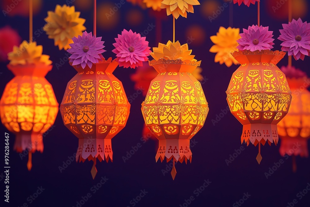 Fototapeta premium Diwali Banner with Intricate Paper Cut Marigold Lanterns Glowing Against a Purple to Gold Gradient