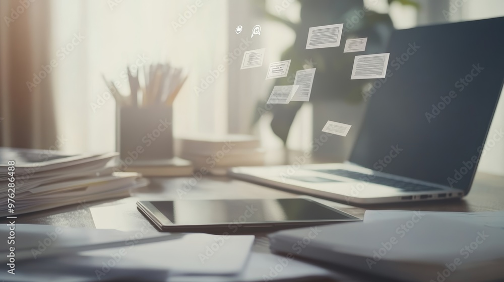 Fototapeta premium Workspace with floating document icons above a tablet and laptop. Digital workspace concept.