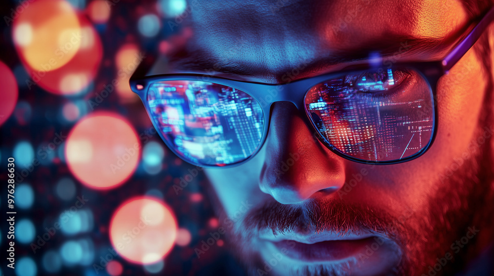 Close-up of a male face looking at a futuristic interface screen with holographic icons on a virtual screen in a dark room. Close-up of a male face looking at a futuristic interface screen with holographic icons on a virtual screen in a dark room.