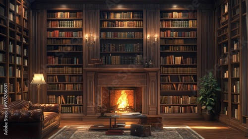 A cozy library with a fireplace, bookshelves, a leather sofa, and a plant.