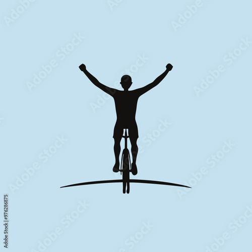 a cyclist crossing the finish line, riding a road bicycle, with their arms raised in triumph, vector silhouette 
