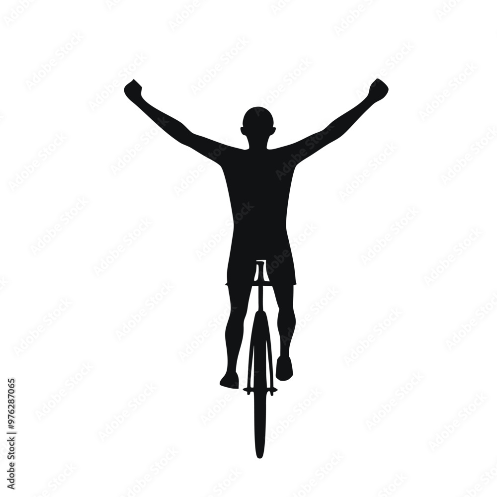 a cyclist crossing the finish line, riding a road bicycle, with their arms raised in triumph, vector silhouette a cyclist crossing the finish line, riding a road bicycle, with their arms raised in triumph, vector silhouette