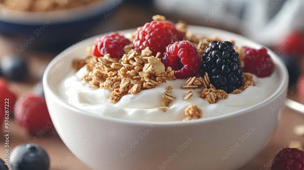 Bowl of yogurt with granola, raspberries, and blackberries. Bowl of yogurt with granola, raspberries, and blackberries.