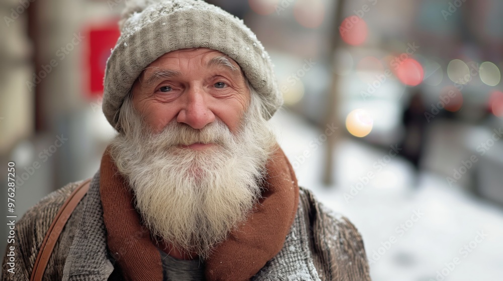 A cheerful man enjoys the Christmas atmosphere while surrounded by snow and city life A cheerful man enjoys the Christmas atmosphere while surrounded by snow and city life