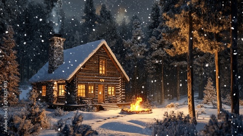 A cozy cabin in a snowy forest with a fire burning in front.