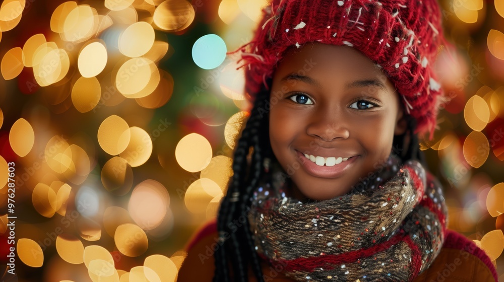 A cheerful Black girl with a bright smile stands amidst colorful Christmas lights, radiating joy A cheerful Black girl with a bright smile stands amidst colorful Christmas lights, radiating joy