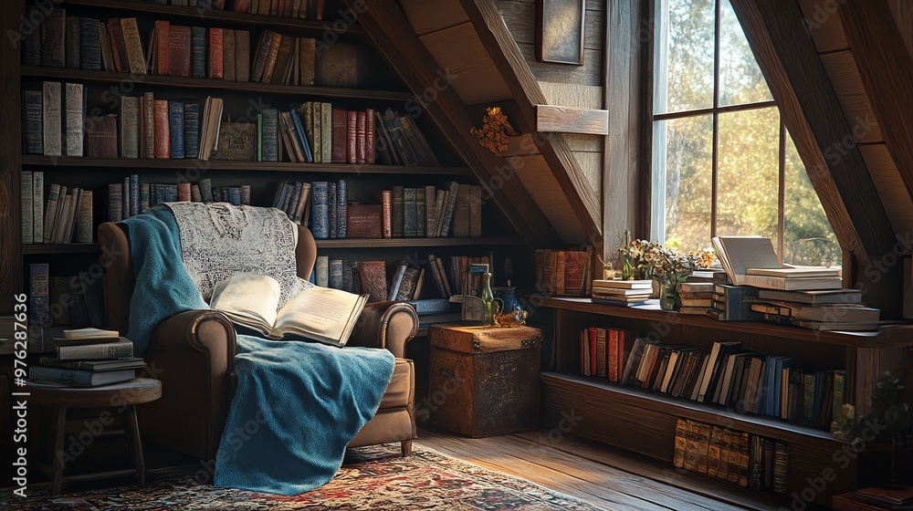 Cozy reading nook with armchair, books, and a window. Cozy reading nook with armchair, books, and a window.