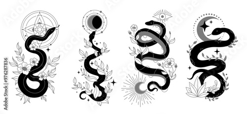 Mystical snakes. Snake black logo esoteric occult symbols, serpent and moon star tattoo spiritual celestial magic witch boho elements trendy astrology ingenious vector illustration