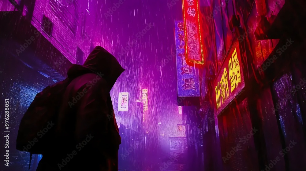 A person in a hooded raincoat walks through a neon-lit, rainy city street at night. A person in a hooded raincoat walks through a neon-lit, rainy city street at night.