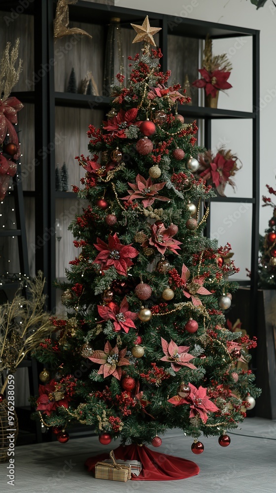 The room features a vibrant Christmas tree richly decorated with ornaments and festive flowers The room features a vibrant Christmas tree richly decorated with ornaments and festive flowers