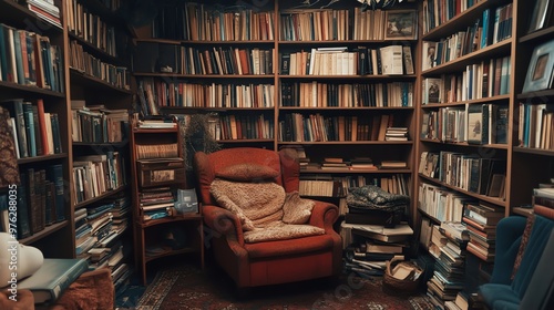 A cozy library with a comfy armchair and a bookshelf full of books.