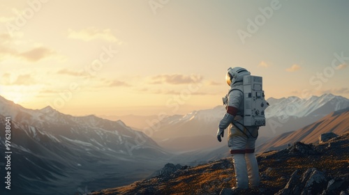 Astronaut exploring an exoplanet. Sci-fi colonist in spacesuit walks on the surface of another planet. People in space. The concept of galactic travel and science.