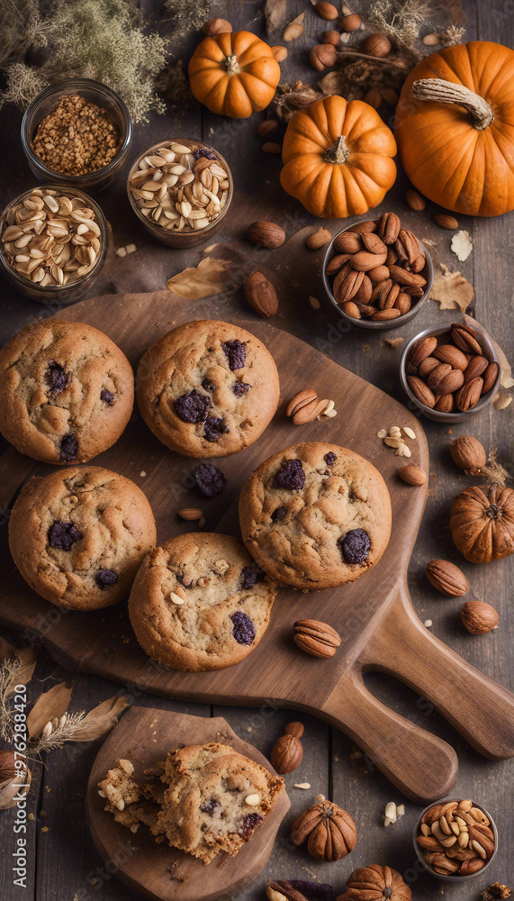 A rustic autumnal spread featuring freshly baked chocolate chip cookies on a wooden board, surrounded by an assortment of nuts and pumpkins.
A rustic autumnal spread featuring freshly baked chocolate chip cookies on a wooden board, surrounded by an assortment of nuts and pumpkins.