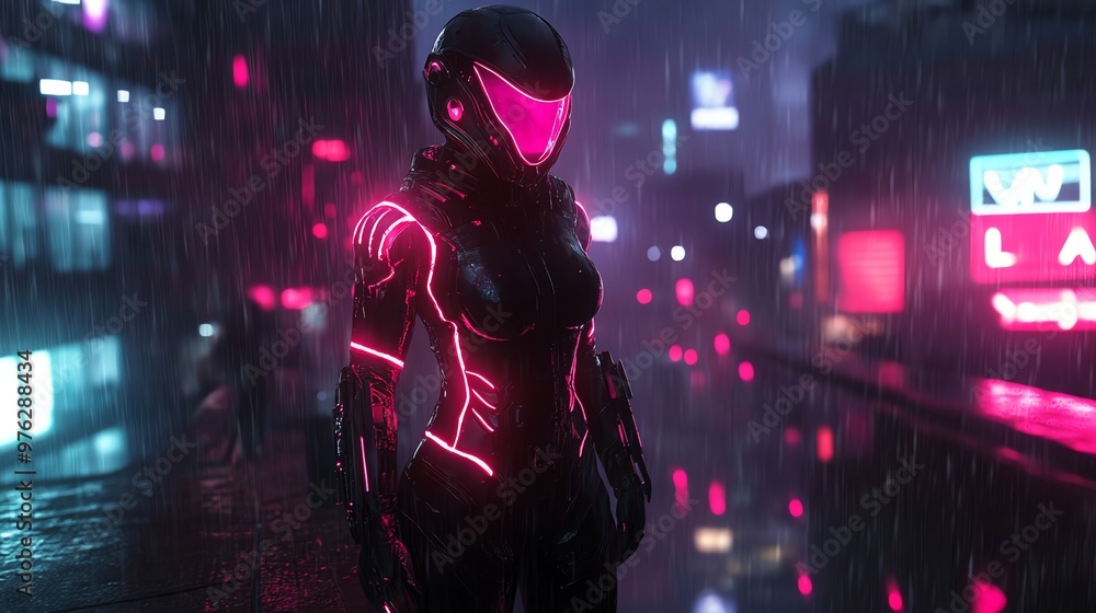 A female cyborg stands in a cyberpunk city street during a rainstorm. A female cyborg stands in a cyberpunk city street during a rainstorm.