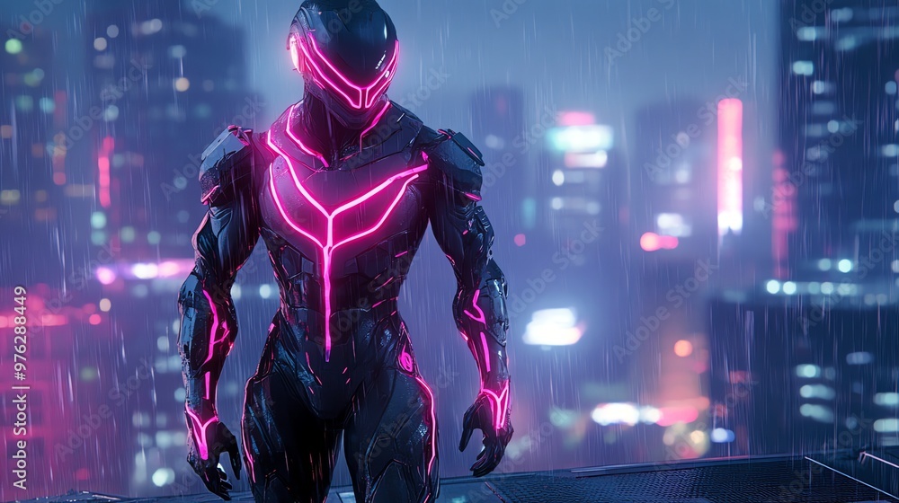 A futuristic cyborg stands in the rain, looking out over a city skyline. A futuristic cyborg stands in the rain, looking out over a city skyline.