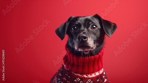 A dog wearing a cozy Christmas sweater sits against a vibrant backdrop, radiating holiday cheer photo