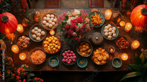 A photo of a table at the Dongzhi Festival. Bowls of tangyuan in bright pink, white and green sit in the center of the table. The table is decorated with candles, red lanterns and intricate paper cuto