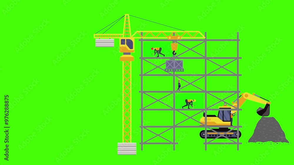 Industrial construction work with peoples and machines, crane scene animation on green screen Industrial construction work with peoples and machines, crane scene animation on green screen