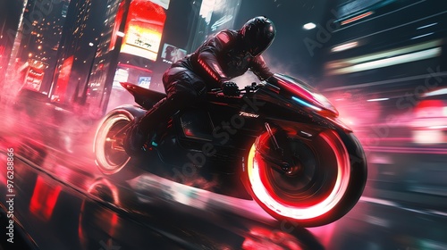 A futuristic motorcycle speeding through a neon-lit city.
