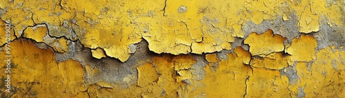 An industrial-style grunge image of a yellow beton wall, heavily cracked and weathered, with peeling paint and rough texture, perfect for creating a raw, worn aesthetic in design projects. watercolor