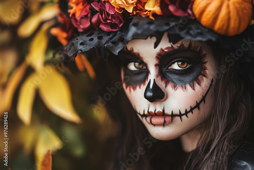 Young woman with black Halloween witch costume with hat and skull makeup photo