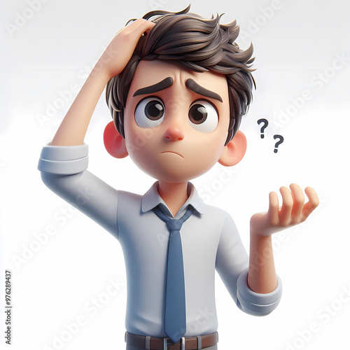 Confusion Bewildered Businessman 3D Character - Perplexed Professional Children's Book Illustration - Workplace Uncertainty Representation