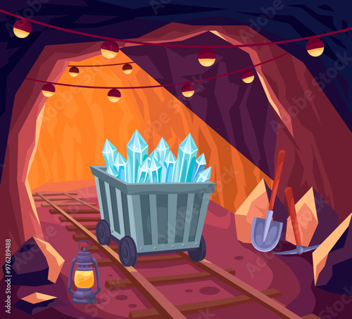 Underground mine interior. Mineral mining tunnel exploration inside, minecart wagon in old dark cave pit, gold coal production cartoon game background ingenious vector illustration