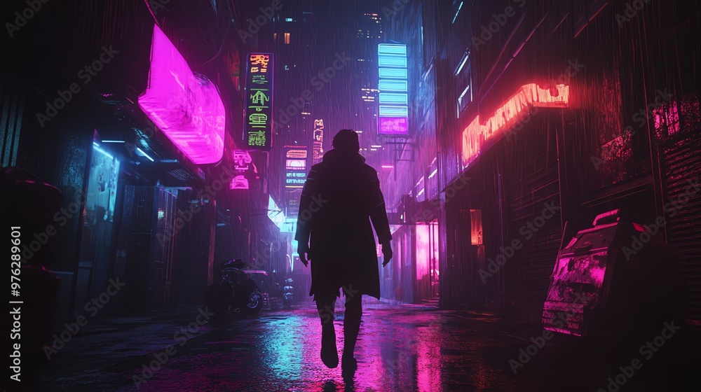 A lone figure walks through a neon-lit, rain-soaked alley in a cyberpunk city. A lone figure walks through a neon-lit, rain-soaked alley in a cyberpunk city.