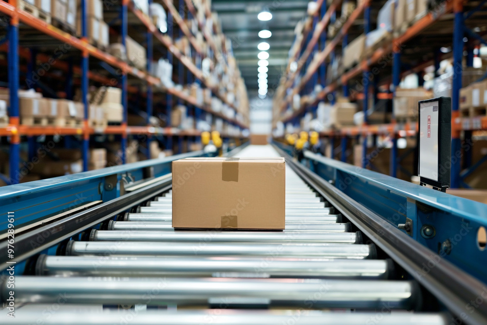 Automated smart warehouse system in action cardboard boxes on conveyor ready for shipment showcasing logistics efficiency Automated smart warehouse system in action cardboard boxes on conveyor ready for shipment showcasing logistics efficiency