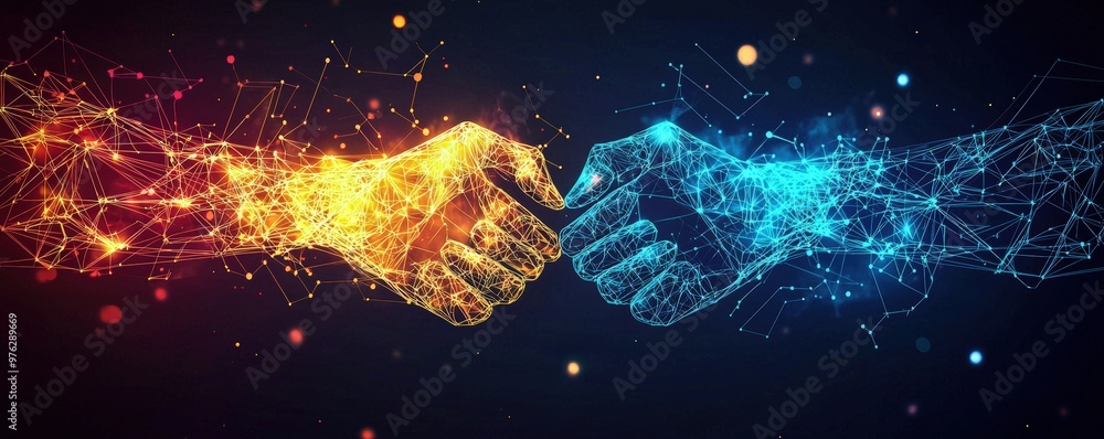 A vibrant, digitally-rendered image of two abstract hands reaching out ...