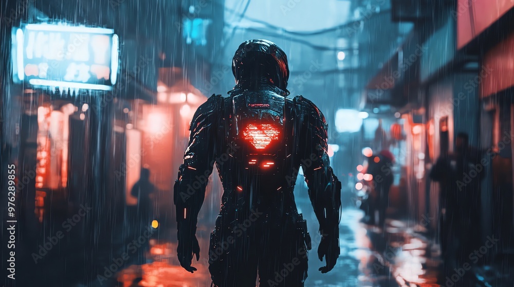 A futuristic soldier walks through a rainy cyberpunk city, with a glowing heart on his back. A futuristic soldier walks through a rainy cyberpunk city, with a glowing heart on his back.