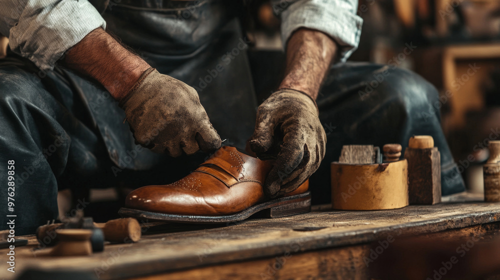 Close-up of a shoemaker working with leather in his workshop. Close-up of a shoemaker working with leather in his workshop.