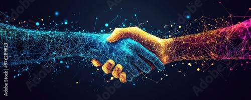 A stylized depiction of two hands in an abstract digital form, grasping in a handshake with flowing, luminous lines and holographic details, evoking themes of teamwork and futuristic partnership.