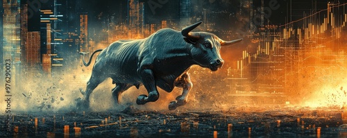 A bold wallpaper design with a metallic bull charging forward and a bearish figure standing firm, with Bitcoins cascading around them, representing the volatile nature of cryptocurrency markets