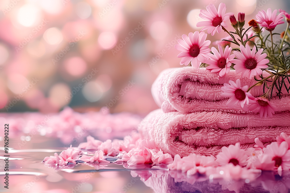 Two soft pink towels are neatly stacked, accompanied by fresh daisies, surrounded by scattered flower petals in a calming spa environment Two soft pink towels are neatly stacked, accompanied by fresh daisies, surrounded by scattered flower petals in a calming spa environment