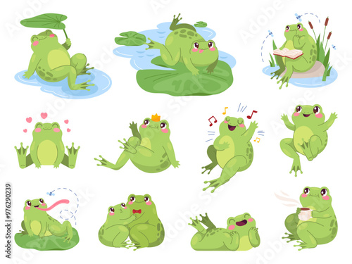 Croaking frogs. Cartoon frog or toad funny cute characters, swamp froglets hop pose froggy pond comic mascot set, green toads aquatic amphibian tongue swanky vector illustration