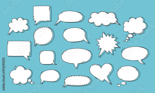 Speech bubbles vector set. Isolated design elements for text, thought, dialogue, conversation. Hand drawn doodle communication frames. Cloud, round and oval, heart, square and rectangular shapes