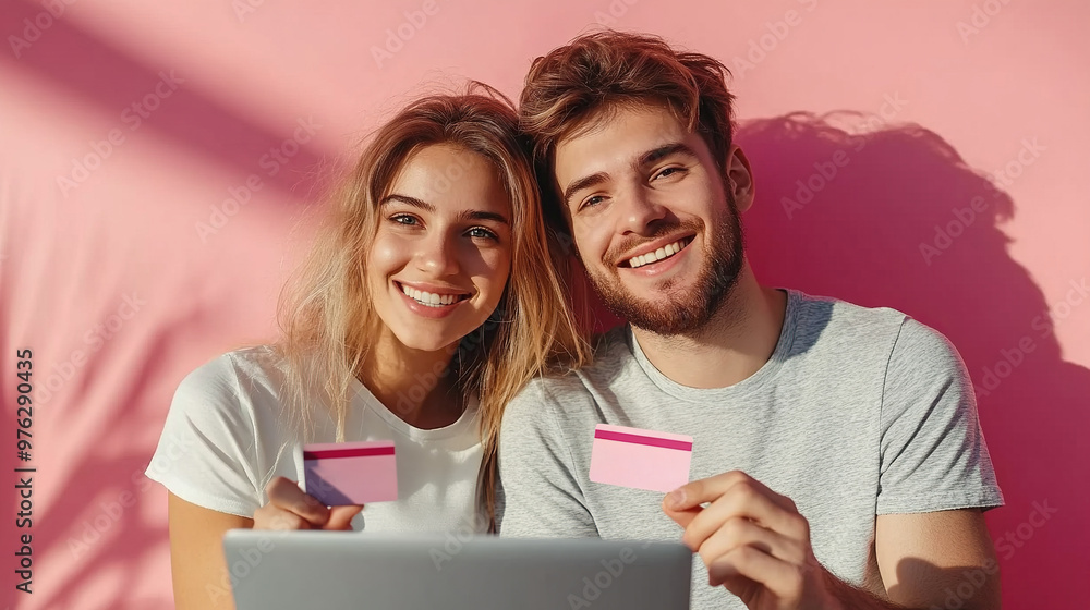 Happy smiling couple man and woman doing online shopping in front of laptop, hold credit cards in their hands on pink wall background with sunlight. Shopping of black friday and cyber monday. Happy smiling couple man and woman doing online shopping in front of laptop, hold credit cards in their hands on pink wall background with sunlight. Shopping of black friday and cyber monday.