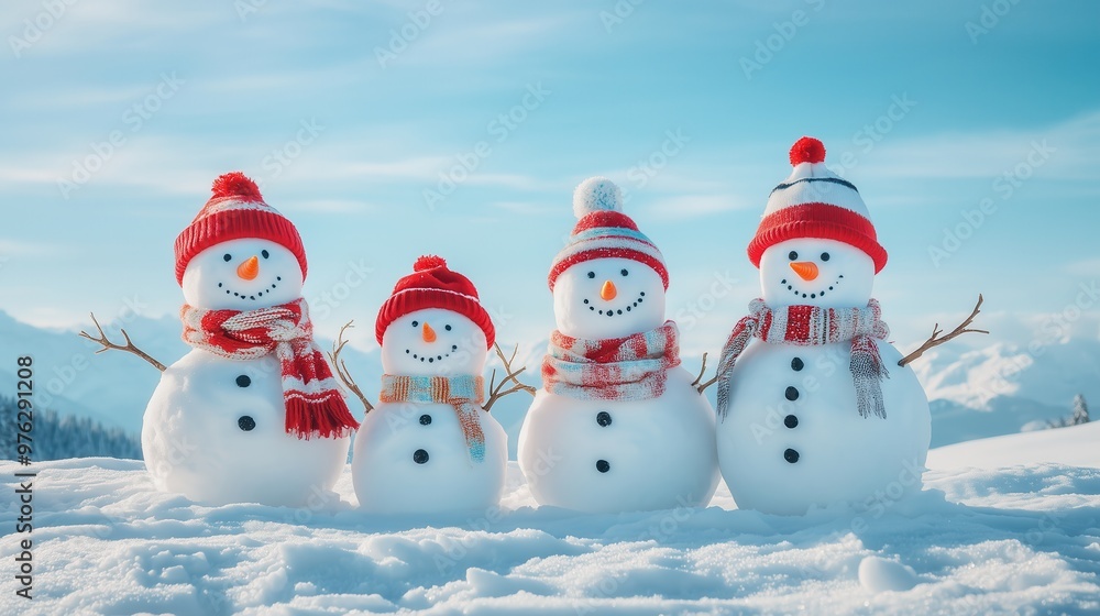 Family of Snowmen with Hats and Scarves in a Sunny Winter Wonderland Family of Snowmen with Hats and Scarves in a Sunny Winter Wonderland
