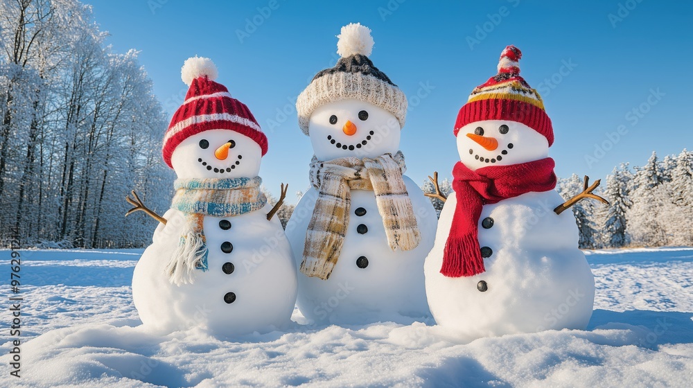 Obraz premium Family of Snowmen with Scarves and Hats in a Sunny Winter Wonderland