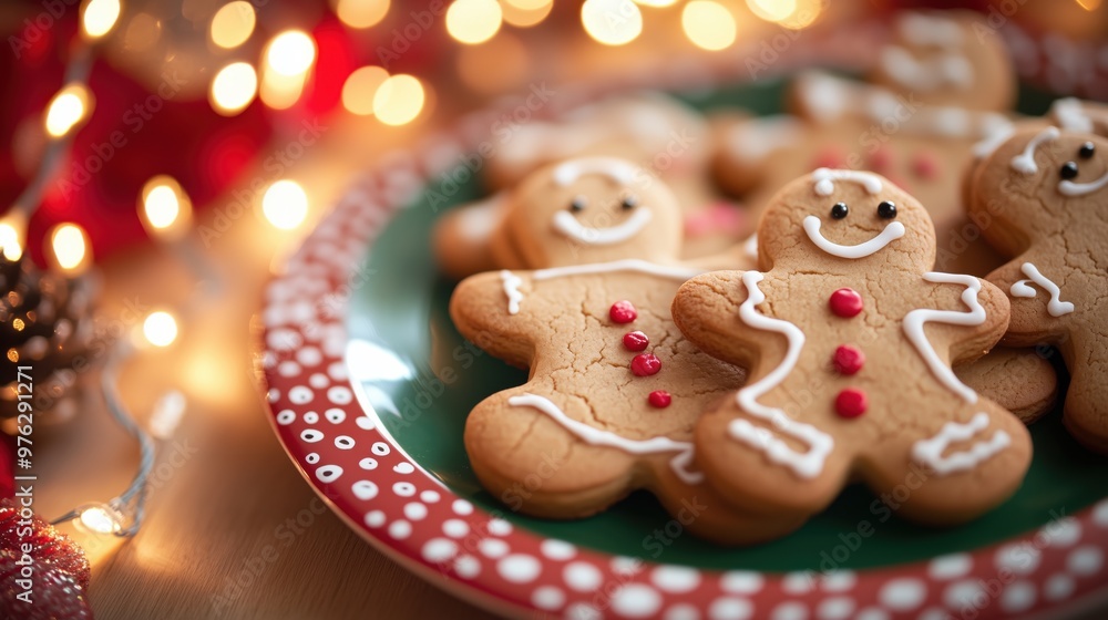 Gingerbread Cookies with Icing on a Festive Plate for Christmas Celebration Gingerbread Cookies with Icing on a Festive Plate for Christmas Celebration