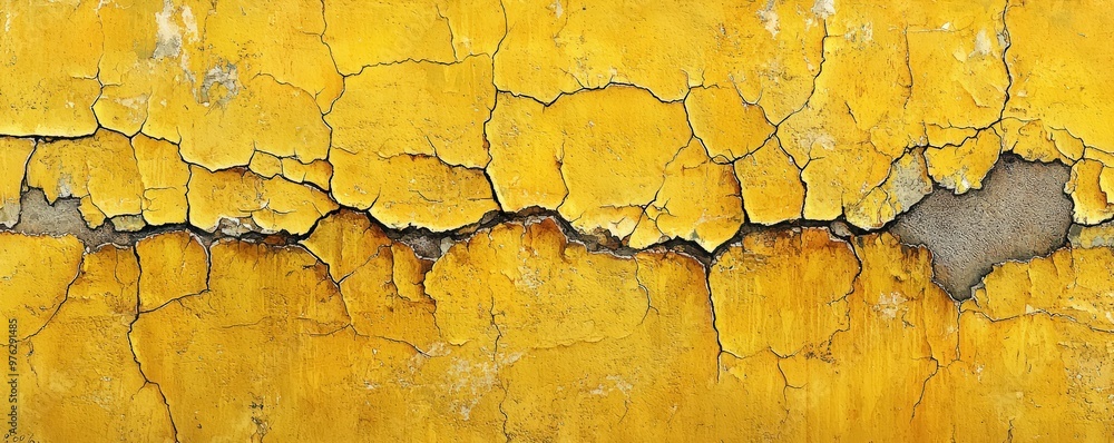 A visually striking yellow wall, with cracks spreading like veins across its surface, the paint chipped and eroded in places, revealing the rugged beton beneath, creating a sense of gritty urban A visually striking yellow wall, with cracks spreading like veins across its surface, the paint chipped and eroded in places, revealing the rugged beton beneath, creating a sense of gritty urban
