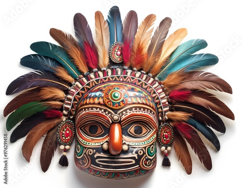 A traditional Inti Raymi festival headdress with feathers and intricate Inca designs on a white background photo