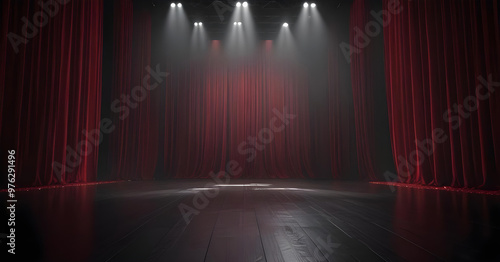 A dimly lit theater stage with red curtains and overhead spotlights, creating an atmosphere of anticipation and drama in an empty auditorium.
 photo