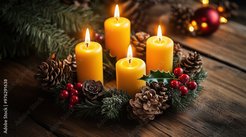 Advent Wreath with Candles and Pine Cones for a Cozy Christmas Decoration Advent Wreath with Candles and Pine Cones for a Cozy Christmas Decoration