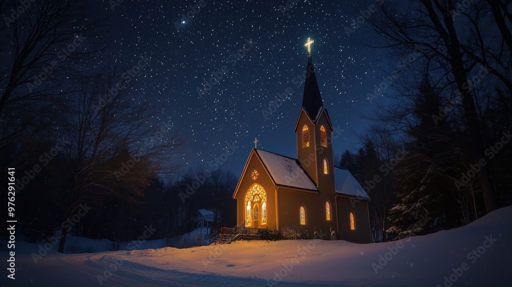 Serene Church Illuminated on a Starry Winter Night during Christmas Serene Church Illuminated on a Starry Winter Night during Christmas