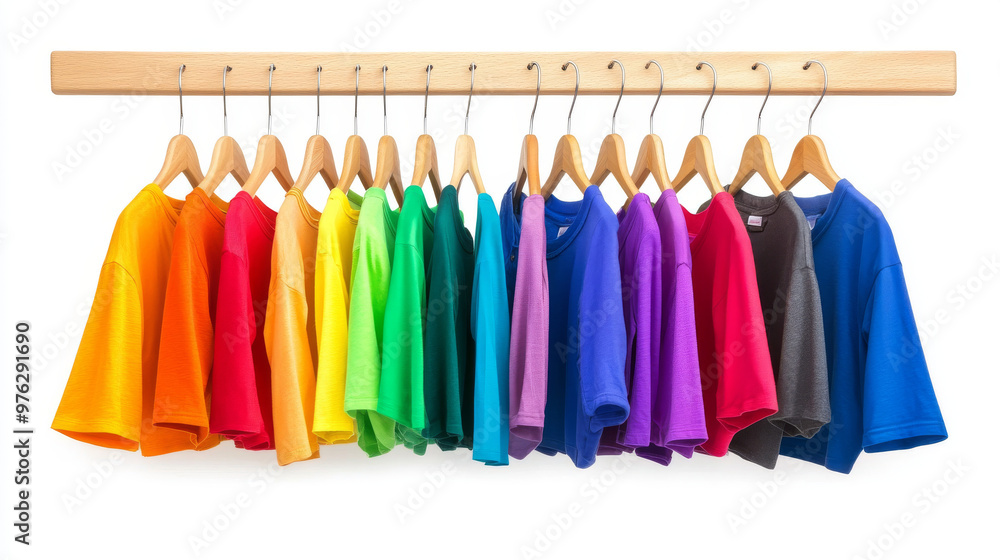 Rainbow-colored casual clothes on wooden hangers, isolated on white. Rainbow-colored casual clothes on wooden hangers, isolated on white.